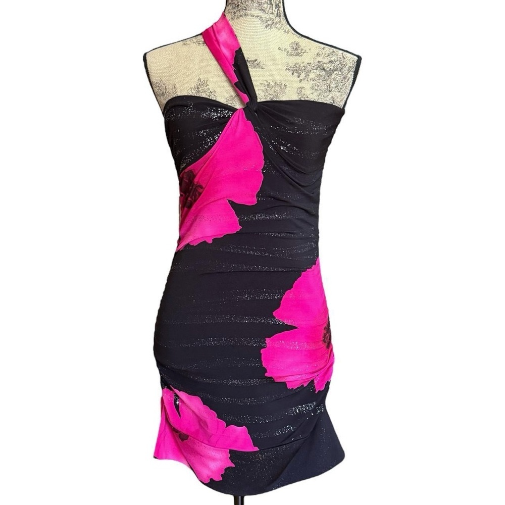 Y2K Black and Pink Floral Dress Size M